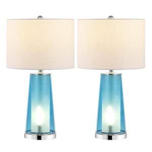 Tryon 26 in. Modern Minimalist Glass/Iron LED Table Lamp Set with Linen Shade and Night-light, Chrome/Clear Blue (Set-2)