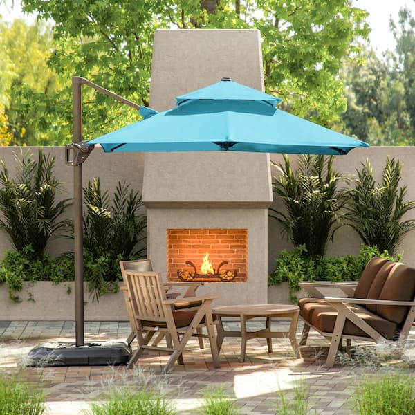 2pc Vries 8 ft. Steel Cantilever Crank Tilt And 360 Square Patio Umbrella in Teal With Base