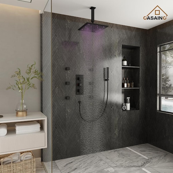 6-Spray 12 in. LED Thermostatic Dual Shower Head Ceiling Mount Fixed and Handheld Shower Head 2.5 GPM in Matte Black