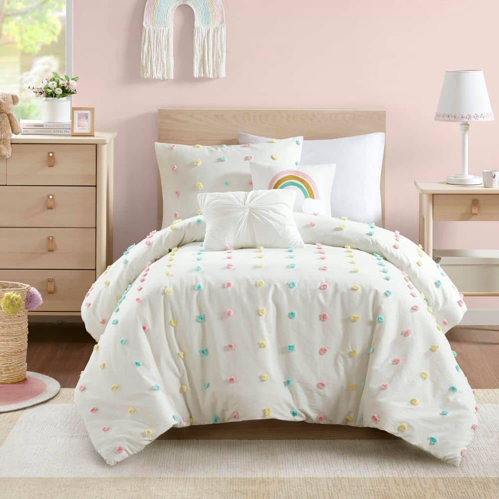Cozy Cotton Twin Pom Pom Kids' Quilt Set in White