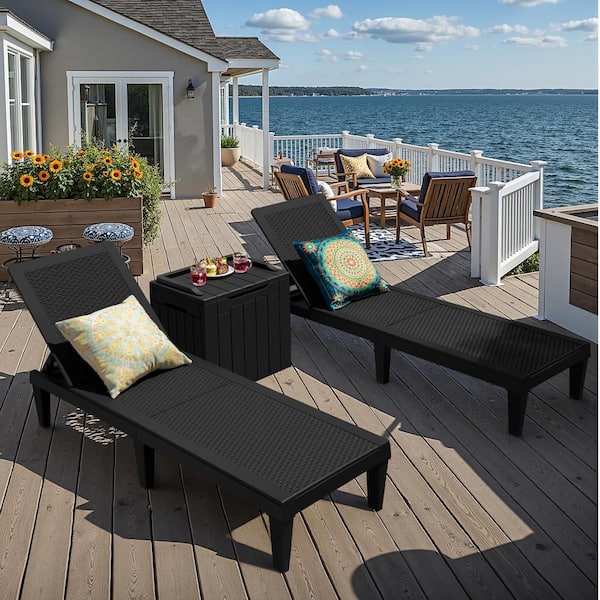 Black Plastic Outdoor Chaise Lounge Set of 2 Adjustable Back Chairs and 1-32 gal. deck box