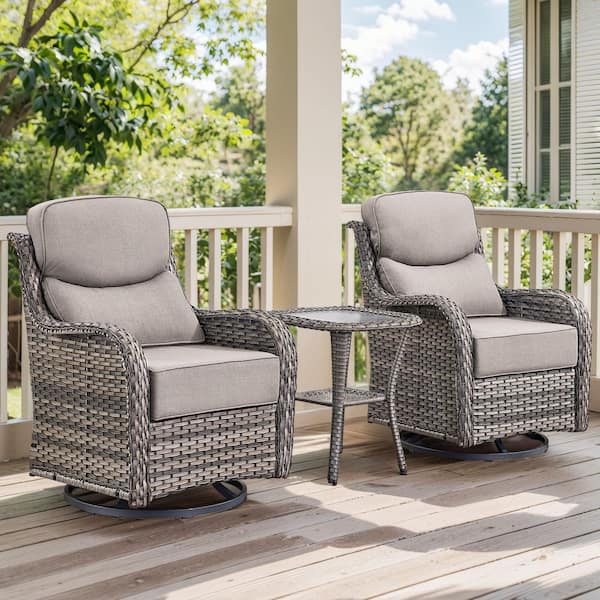 Luxurious Gray Swivel Glider Wicker Patio Conversation Set with Beige Olefin 6 In. Thick Cushions/Side Table (3-Piece)