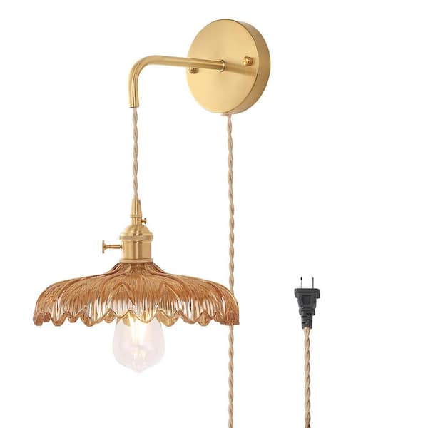 Ahfiwaso Retro 4.72 in. 1-Light Gold Plug-in Vintage Smart Home Wall Sconce with Flower Amber Glass Shade