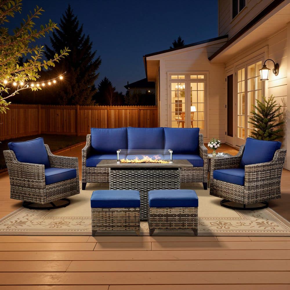 Glissia Gray 7-Piece Wicker Outdoor Patio Fire Pit Deep Seating Set with Navy Blue Cushions and Swivel Gliders price history on PriceWatchPro