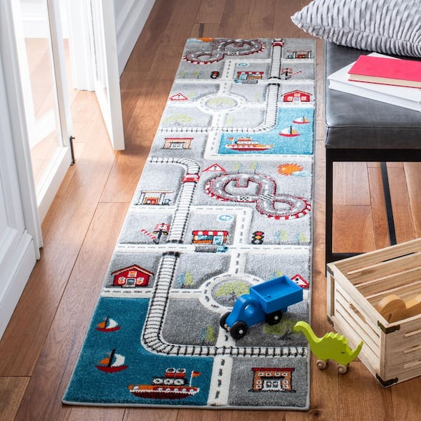 Carousel Kids 2 ft. x 14 ft. Gray/Ivory Geometric Runner Rug