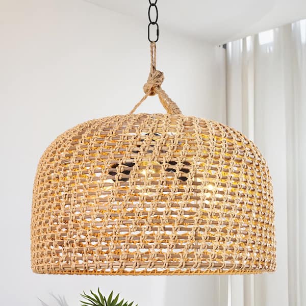 LamQee 3-Light Black Shaded Pendant Light with Natural Woven Shade, No Bulbs Included