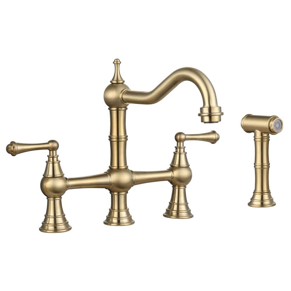 Double-Handle Bridge Kitchen Faucet with Side Sprayer in Brushed Gold