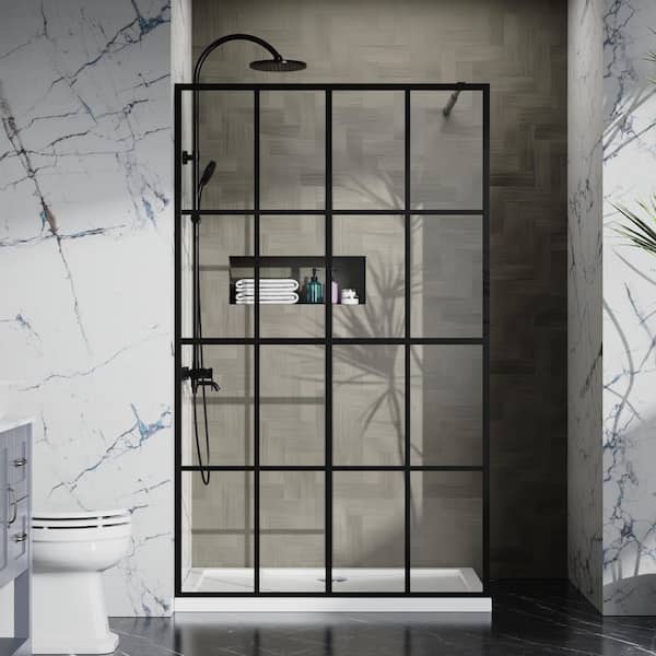46 in. W x 72 in. H Walk-in Fixed Framed Shower Door, 4-Panel Design Shower Screen Door w/ Clear Tempered Glass in Black