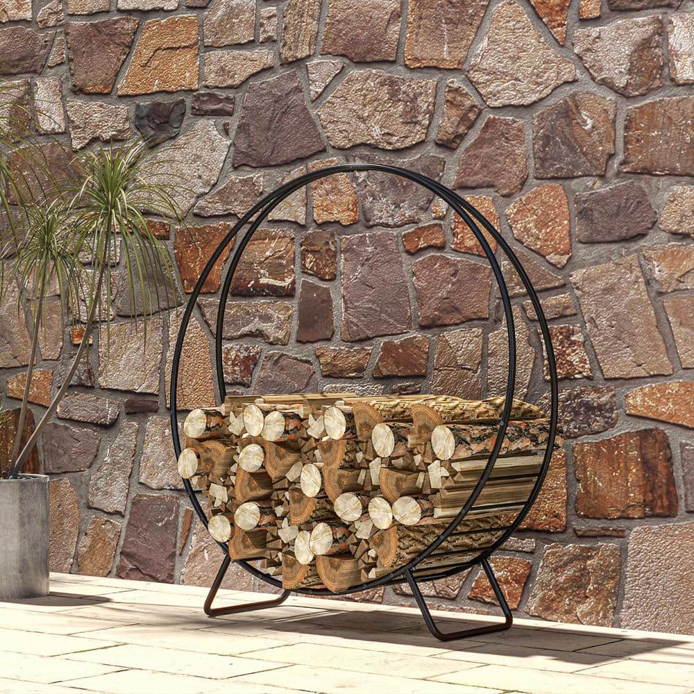 48" Black Powder-Coated Steel Firewood Rack with Waterproof Cover