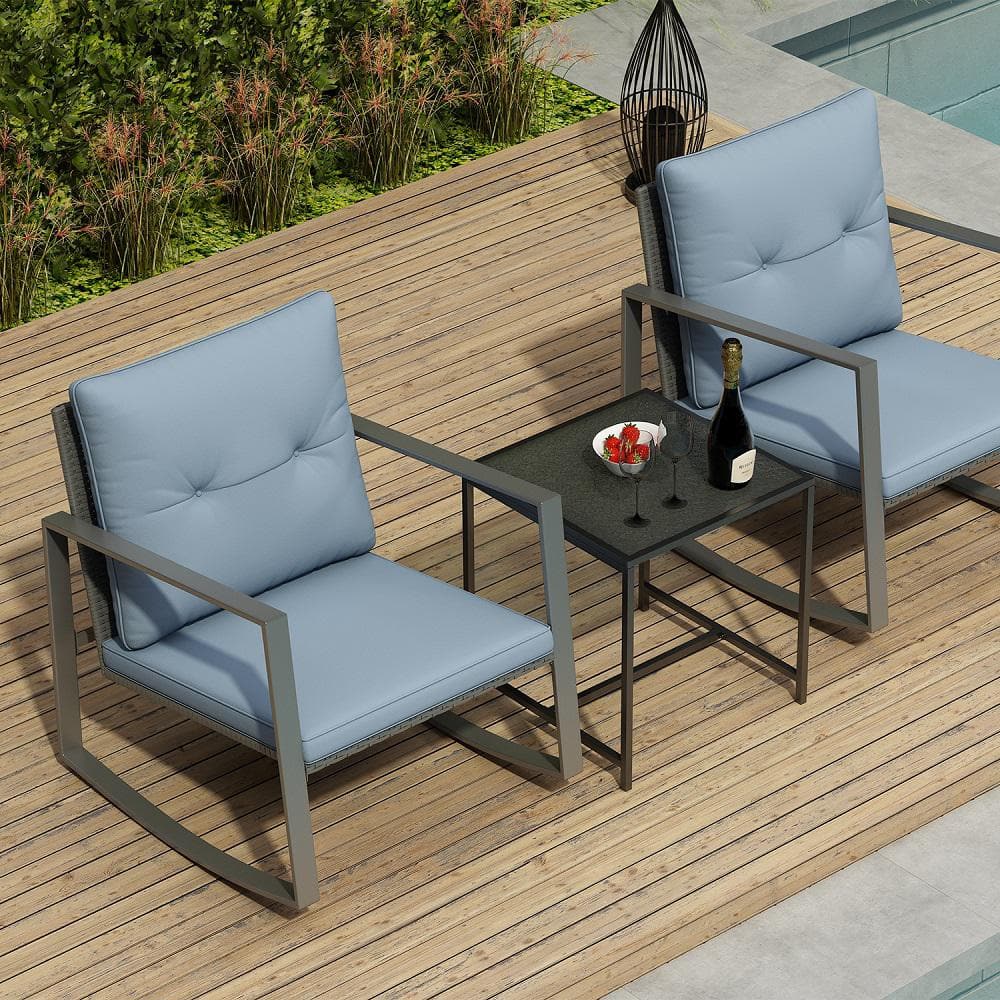 Gray Cushioned Steel Rocking Bistro Set with Glass Table