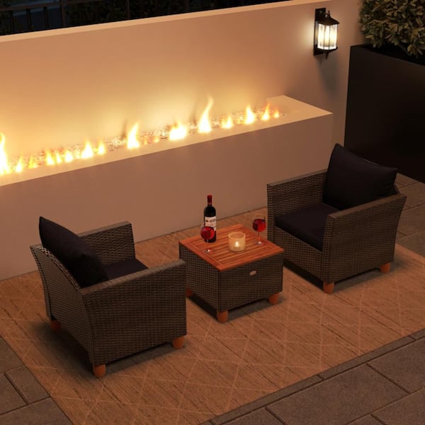 Kadehome 3 Piece Rattan Wicker Patio Conversation Set with Black Cushions and Acacia Wood Coffee Table for Balcony Backyard Porch