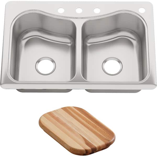 KOHLER Staccato Drop-In Stainless Steel 33 in. 4-Hole Double Bowl Kitchen Sink with Hardwood Cutting Board