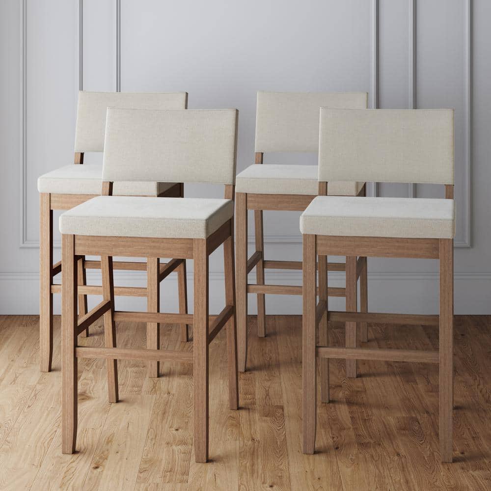 Linus Natural Flax Upholstered Bar Stools with Rubberwood Legs, Set of 4