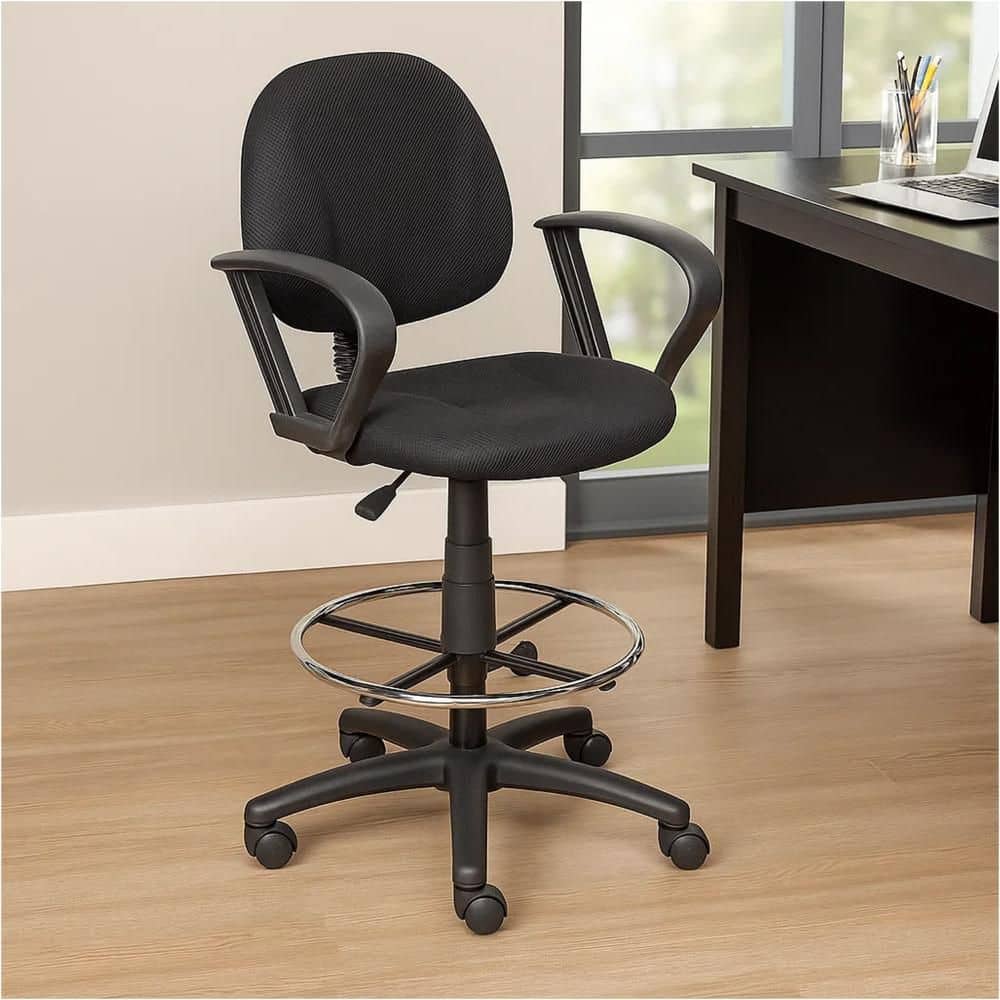 Jea Nylon Footring Ergonomic Fabric Office Stool in Black and Chrome with Loop Arms