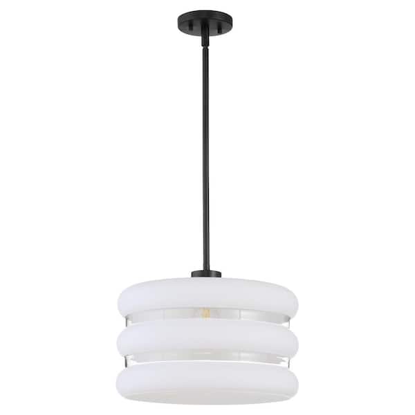 GILLIS 16 in. 1-Light 100-Watt Pendant Light with a Clear Frosted Glass Matte Black