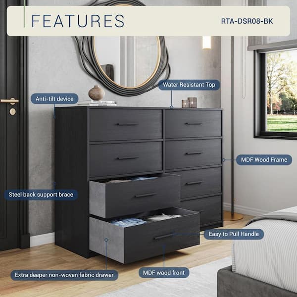Techni Home Black 8 Drawer 44.5 in. Wide Dresser RTA-DSR08-BK