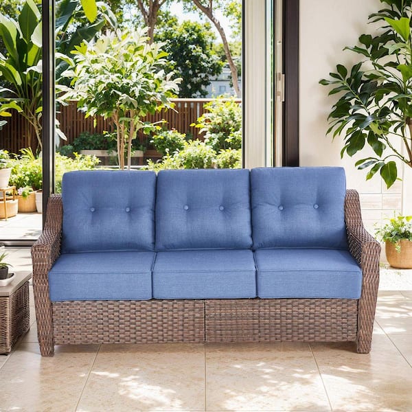 Circle 3-Seat Brown Wicker Outdoor Couch Patio Sofa with High Curvy Back, and 6 in. Thick Blue Cushions