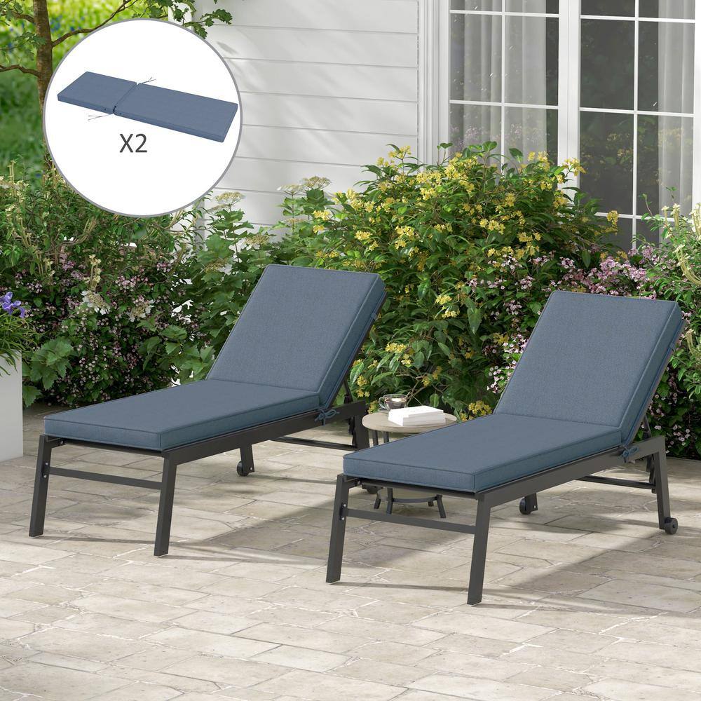 Sky Blue Polyester Patio Chaise Lounge Cushions with Ties