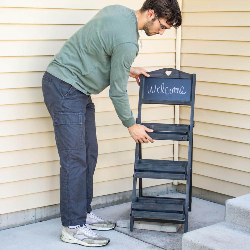 Black Fir Wood 3-Tier Ladder Plant Stand with Chalkboard