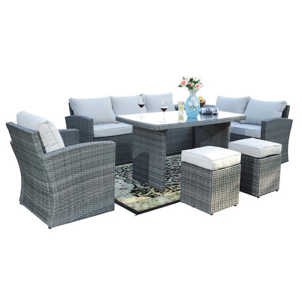 DIRECT WICKER Liza Grey Aluminum 7-Piece Wicker Outdoor Sofa Set with Beige Cushions and Ottomans