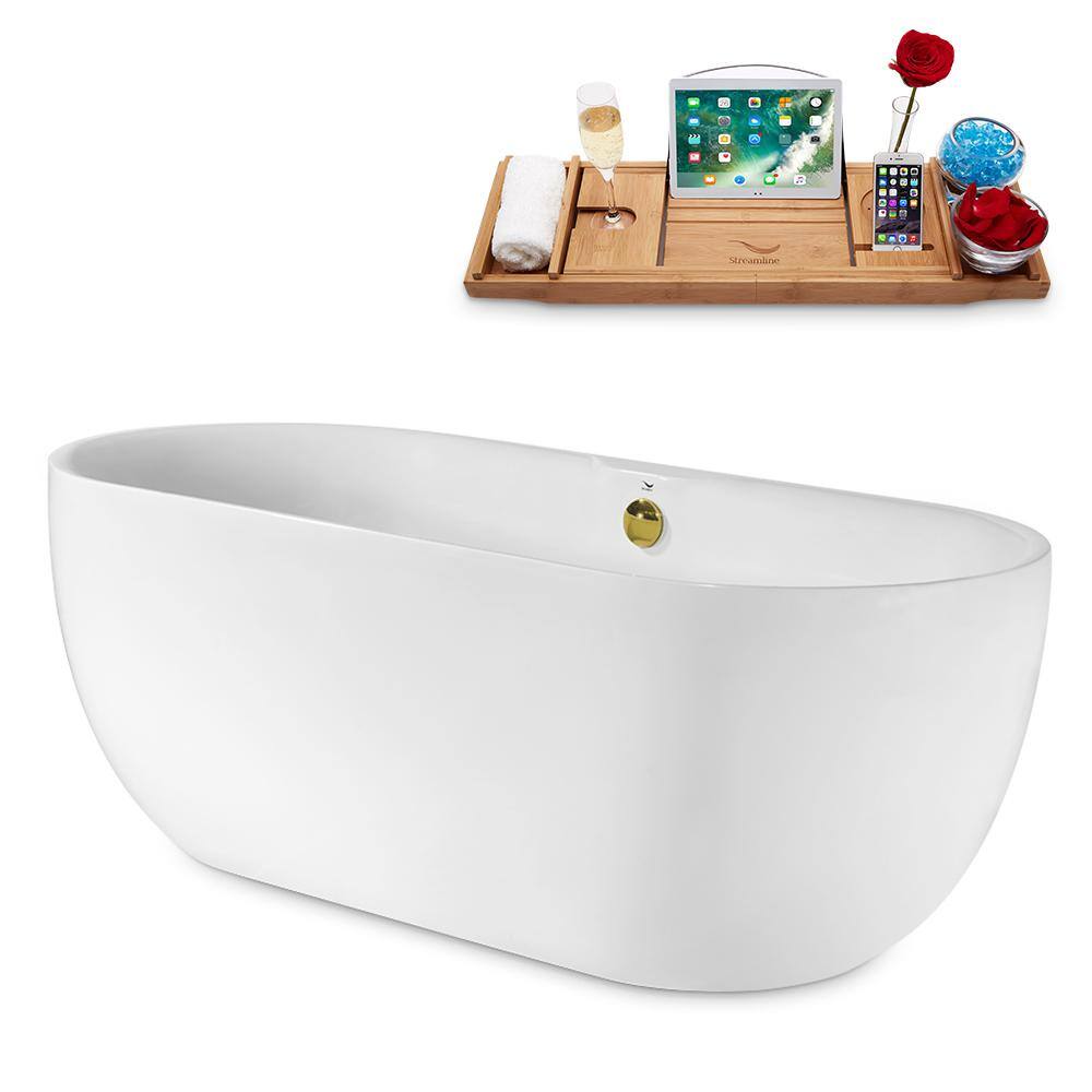 67" White Acrylic Freestanding Clawfoot Bathtub with Gold Hardware