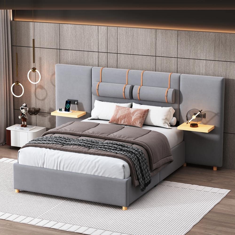 Gray Wood Frame Full Velvet Upholstered Platform Bed with Outlets and USB Charging Ports on Both Sides, Storage Shelves -  Harper & Bright Designs, NT100AAE-F