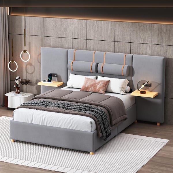 Harper & Bright Designs Gray Wood Frame Full Velvet Upholstered Platform Bed with Outlets and USB Charging Ports on Both Sides, Storage Shelves
