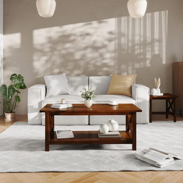 Carnegy Avenue Jasper 47.25 in. Walnut Rectangle Wood Coffee Table with Traditional X-Frame Design and Lower Shelf