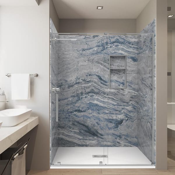 Naca. Blue 36 x 60 x 84 in. Combo Solid Composite Stone Alcove Shower Kit Matching Brushed Nickel Door, Niche and Drain