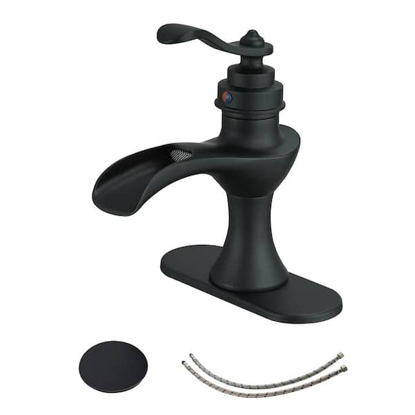 FLG Single-Handle Single-Hole Brass Waterfall Bathroom Sink Faucet with Drain Kit and Deckplate Included in Matte Black