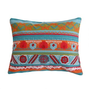 Mirage Multicolor Bohemian Style Crewel Stitch With Side Edge pom Pom Trim 14 in. x 18 in. Throw Pillow