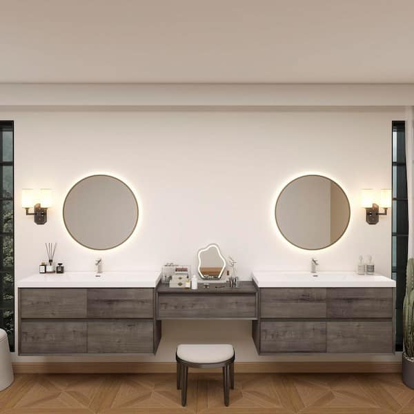 Kingdee 130 in. W x 20 in. D x 26 in. H Double Sink Middle Table Counter Bath Vanity in Smoke Oak with White Acrylic Top