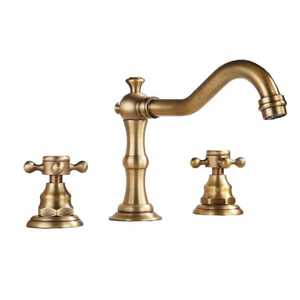 8 in. Widespread Double Handle Bathroom Faucet in Antique Brass 2-Cross Handles Vintage Lavatory Vanity Mixer Tap