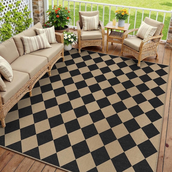 Diamond Grid Linen-look Black/Brown 6 ft. x 9 ft. Checkered Area Rug