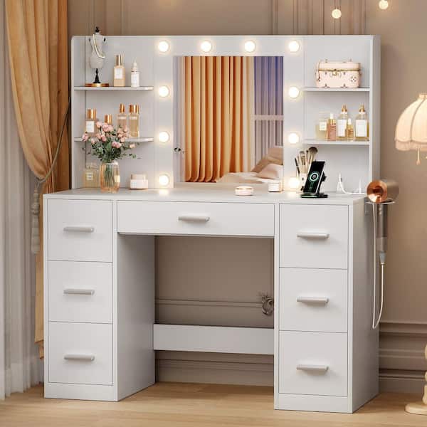 Makeup Vanity With Lights in 3-Colors, Vanity Desk with Large Mirror, Drawers and Shelves, White