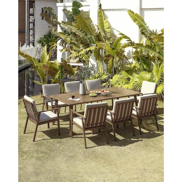 Teak Brown 9-Piece Aluminum Patio Furniture Set Outdoor Dining Set with White Cushion and Umbrella Hole