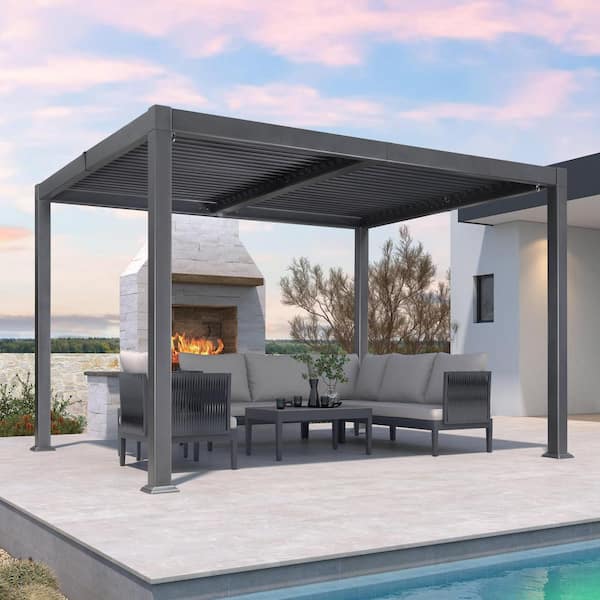 PURPLE LEAF 10 ft. x 12 ft. Gray Aluminum Outdoor Louvered Pergola with 2-Individual Adjustable Roofs and In-Built Gutter System