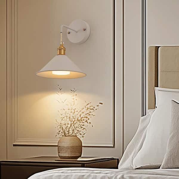 9 in. Cone Shade White Metal Sconce Lighting with Bulbs (2-Pack), Wall Mounted Lamp for Living Room, Bedroom, or Hallway