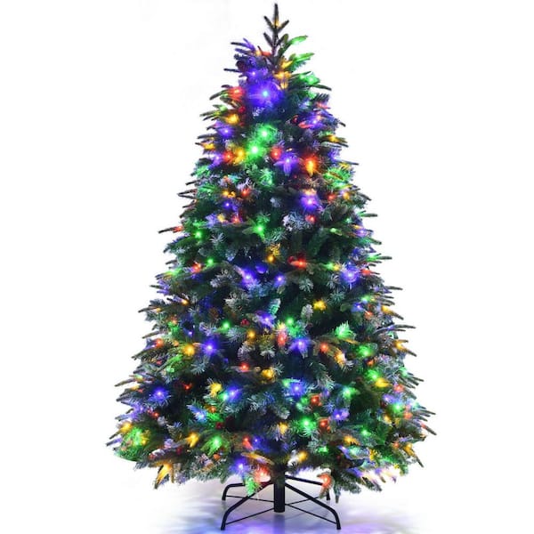 ANGELES HOME 5 ft. Green Pre-Lit LED Snowy Hinged Artificial Christmas Tree with Multi-Color Lights