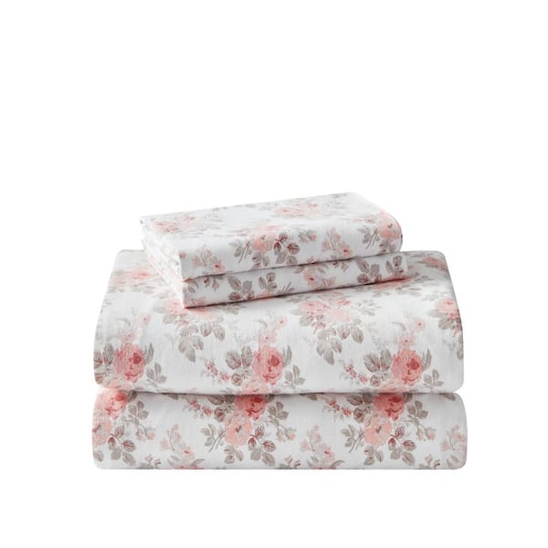 Laura Ashley Lisalee 4-Piece Pink Floral Brushed Cotton Flannel Queen Sheet Set