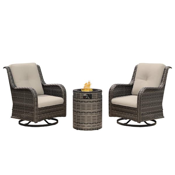 3-Piece Brown Rattan Wicker Outdoor Fire Pit Table Patio Set Swivel Rocking Chair with Beige Cushions