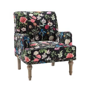 Venere Black Floral Patterns Armchair with Nailhead Trim and Turned Solid Wood Legs