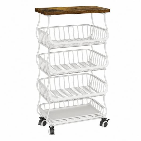 5-Tier Fruit Basket Kitchen Pantry Organizers and Storage with Wooden Top Table and Stackable Metal Wire Basket, White