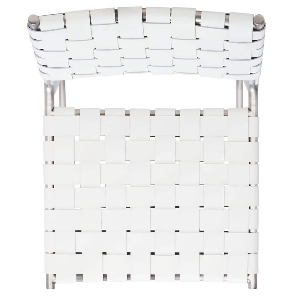 Saddle Style Woven White Leather Counter Stool with Silver Metal Base