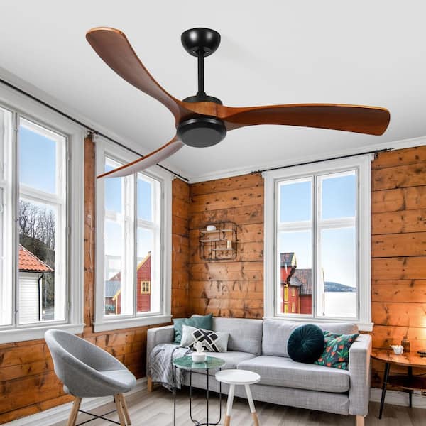 72 in. Indoor Modern Black Nosieless 3 Natural Brown Wood Fan Blades Ceiling Fan with 6-Speeds and Remote Control