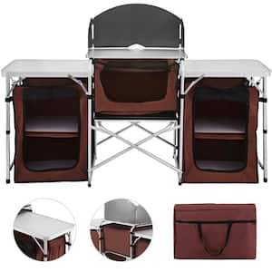 Camping Kitchen Table with 3 Storage Organizer Outdoor Folding Grill Station with 2 Side Tables Camping Supplies,Brown