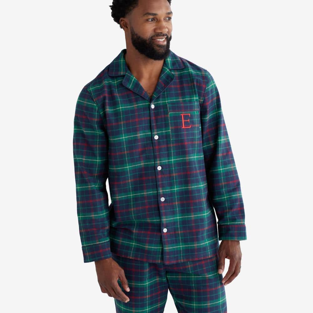 SLEEPHERO Men's Short Sleeve Flannel Pajama Set Navy with Green and Navy  Plaid Small