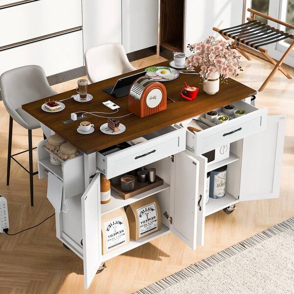 Zeus & Ruta White Wood 53.5 in. W Farmhouse Rolling Kitchen