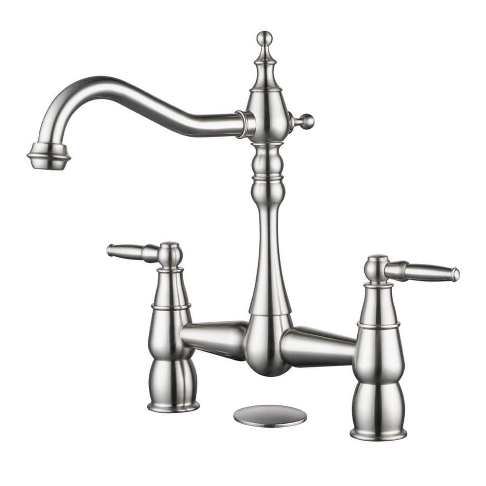 8 in. Centerset Double Handle Brass Elegant Bridge Kitchen Faucet with Sink Hole Cover in Brushed Nickel