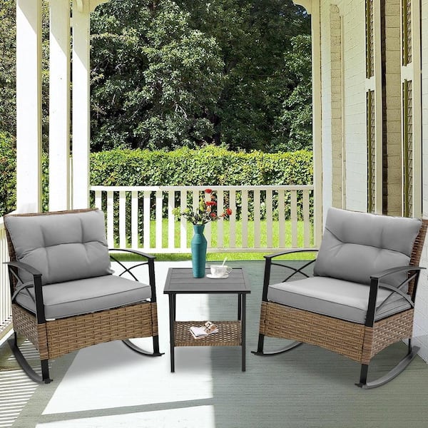 AUTMOON 3-Piece Patio Outdoor Furniture Conversation Set Rocking Chair Set, Gray
